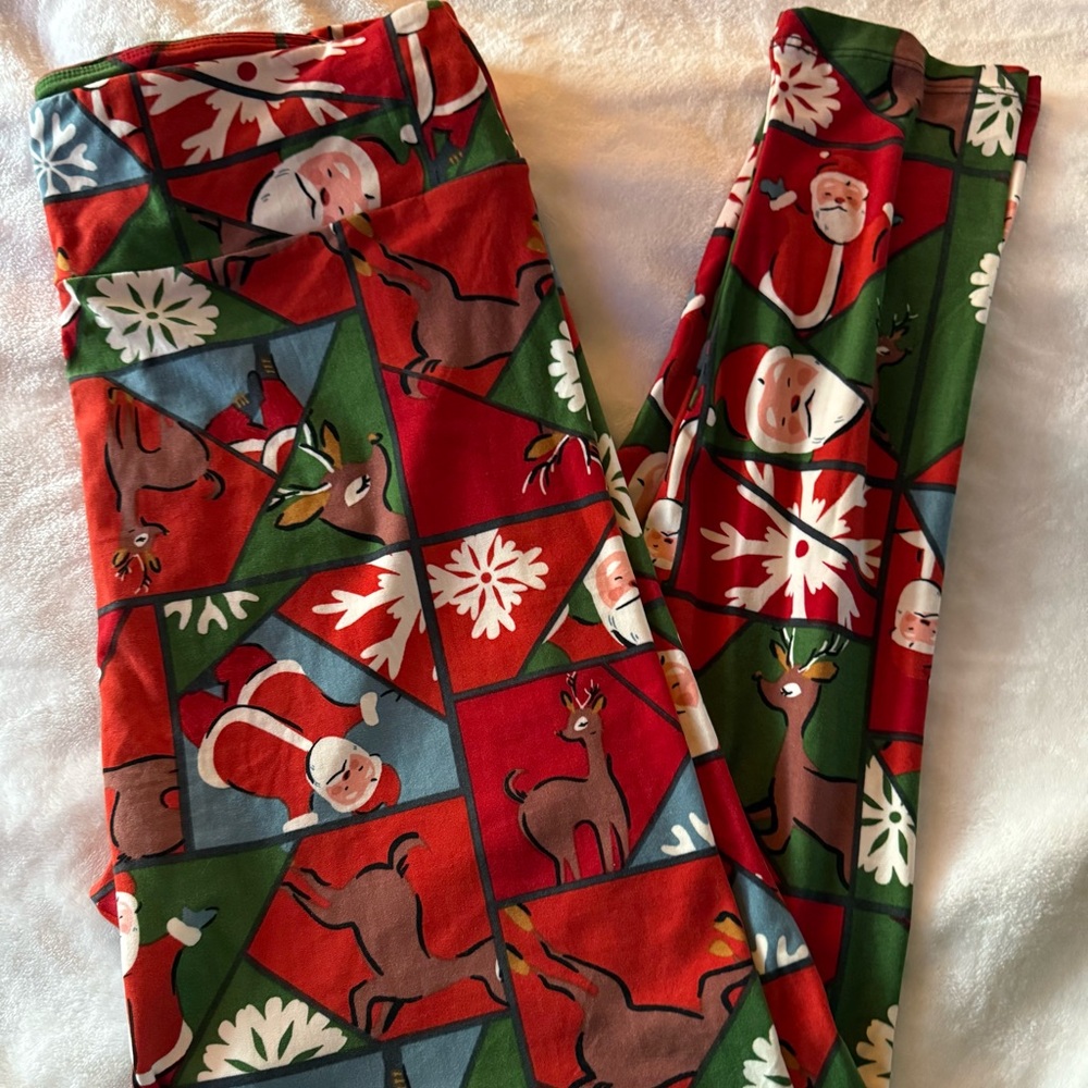 LulaRoe Women’s Santa Reindeer Christmas Leggings Sz TC2 Snowflake